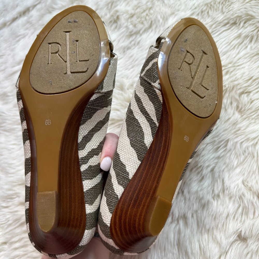 Lauren Ralph Lauren Zebra Canvas Printed Open Toe Wedge Women's 6B - Picture 6 of 6